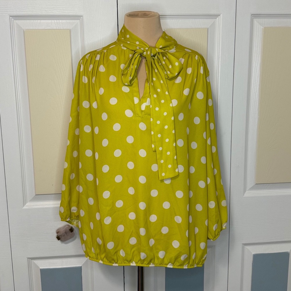 Sweet Pea Stacy Frati New York & Co Chartreuse Polka Dot Pussybow Blouse M
